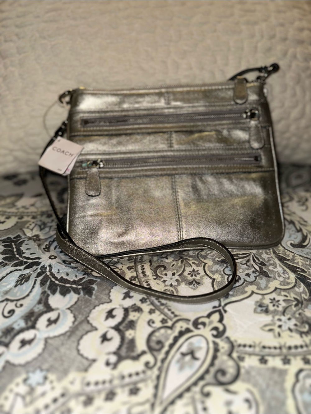 Coach Metallic Pewter Leather Crossbody Bag with free gift 🎁